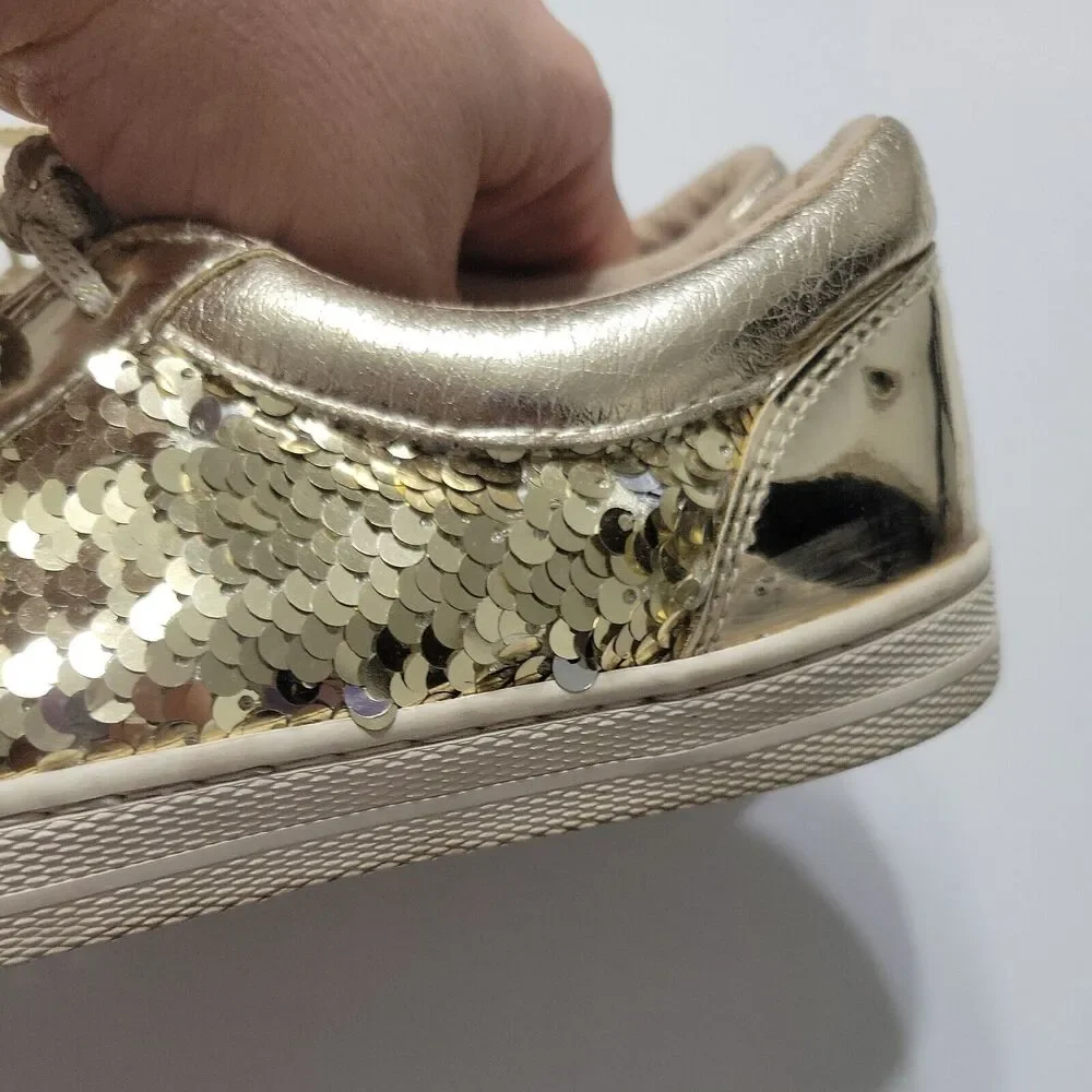 Childrens Place Shoes Girls 4 Gold Sneaker Classic Lace Low Top Flat Flip Sequin